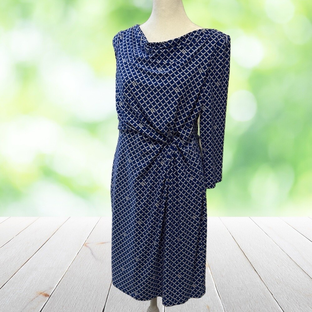 LAUREN RALPH LAUREN Dress LRL Monogram Print Twist Knot Cowl Neck Petite 10P